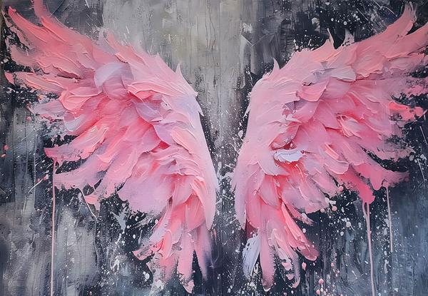 Pink angel wings painted on a textured background with splashes of color.